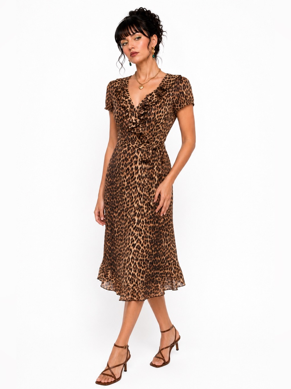 VTG Y2K Leopard Print Ruffle Faux Wrap Midi Dress Semi Sheer Size 4